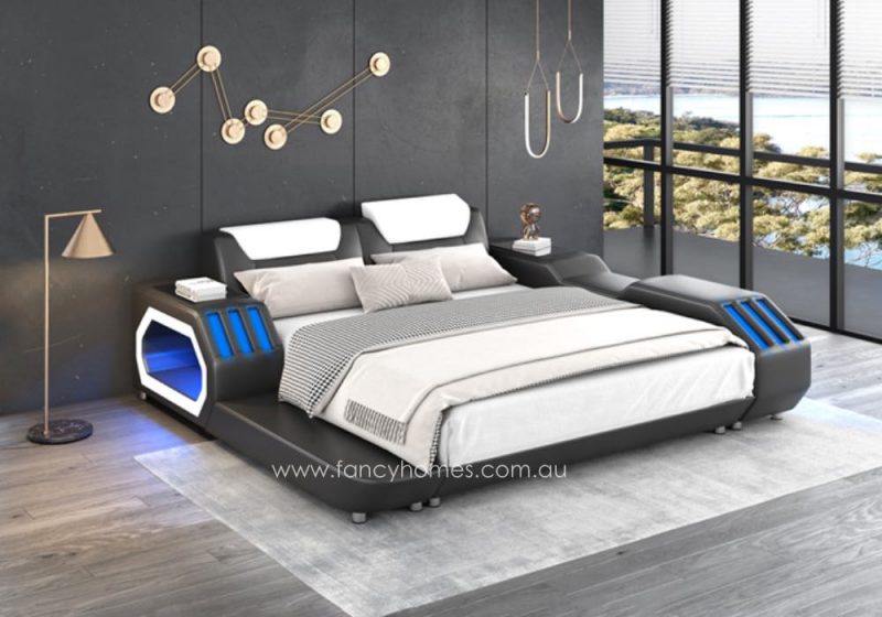 Fancy Homes Razzo Leather Bed Frame with LED Light Futuristic Design Bed with Light Fully Customisable Bed Black and White Colour