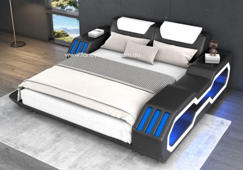 Fancy Homes Razzo Leather Bed Frame with LED Light Futuristic Design Bed with Light Fully Customisable Bed Black and Pure White Colour