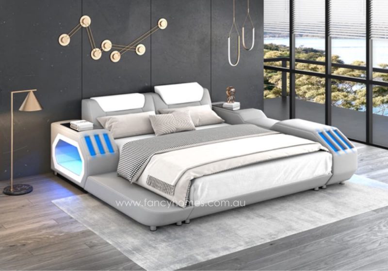 Fancy Homes Razzo Leather Bed Frame with LED Light Futuristic Design Bed with Light Fully Customisable Bed Light Grey and White Colour