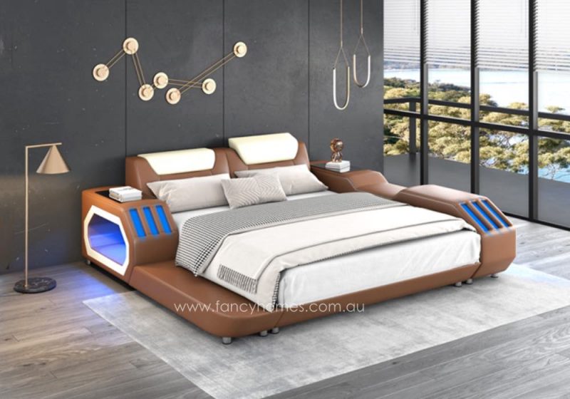 Fancy Homes Razzo Leather Bed Frame with LED Light Futuristic Design Bed with Light Fully Customisable Bed Bronze Red and Off White Colour