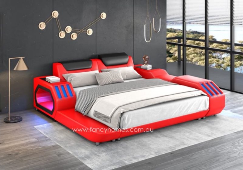 Fancy Homes Razzo Leather Bed Frame with LED Light Futuristic Design Bed with Light Fully Customisable Bed Red and Black Colour