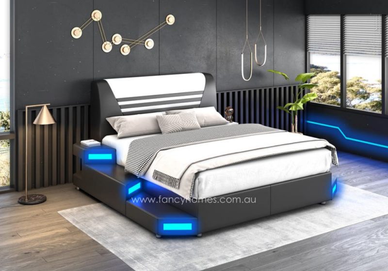 Fancy Homes Zephyr Unique Futuristic Design Star War Leather Beds with LED Light in Black and White with Blue Lighting. Customisable in different Colours. Multi-functional Bed with a range of Add-on Function Options.