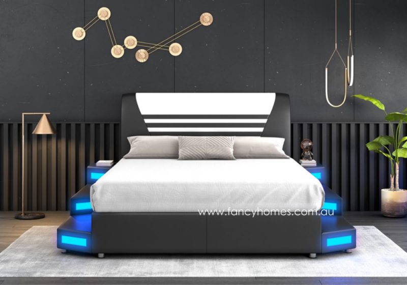 Fancy Homes Zephyr Unique Futuristic Design Star War Leather Beds Front with LED Light in Black and White with Blue Lighting. Customisable in colours. Multi-functional bed with a range of add-on function options.