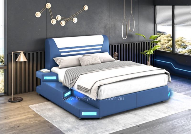 Fancy Homes Zephyr Unique Futuristic Design Star War Leather Beds with LED Light in Blue and White with Blue Lighting. Customisable in different Colours. Multi-functional Bed with a range of Add-on Function Options.