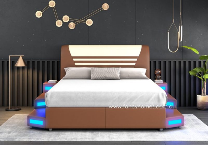Fancy Homes Zephyr Unique Futuristic Design Star War Leather Beds with LED Light in Brown and Off White with Blue Lighting. Customisable in different Colours. Multi-functional Bed with a range of Add-on Function Options.