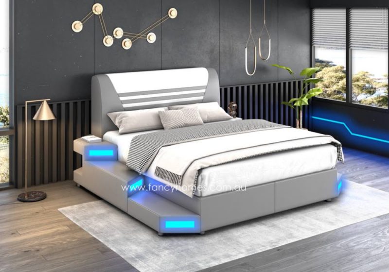Fancy Homes Zephyr Unique Futuristic Design Star War Leather Beds with LED Light in Light Grey and White with Blue Lighting. Customisable in different Colours. Multi-functional Bed with a range of Add-on Function Options.