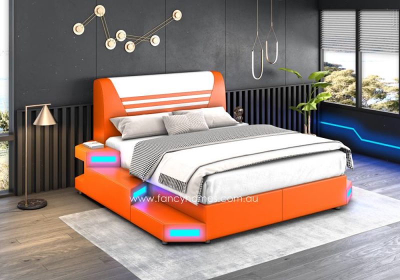 Fancy Homes Zephyr Unique Futuristic Design Star War Leather Beds with LED Light in Orange and White with Blue Lighting. Customisable in different Colours. Multi-functional Bed with a range of Add-on Function Options.
