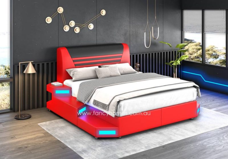 Fancy Homes Zephyr Unique Futuristic Design Star War Leather Beds with LED Light in Red and Black with Blue Lighting. Customisable in different Colours. Multi-functional Bed with a range of Add-on Function Options.