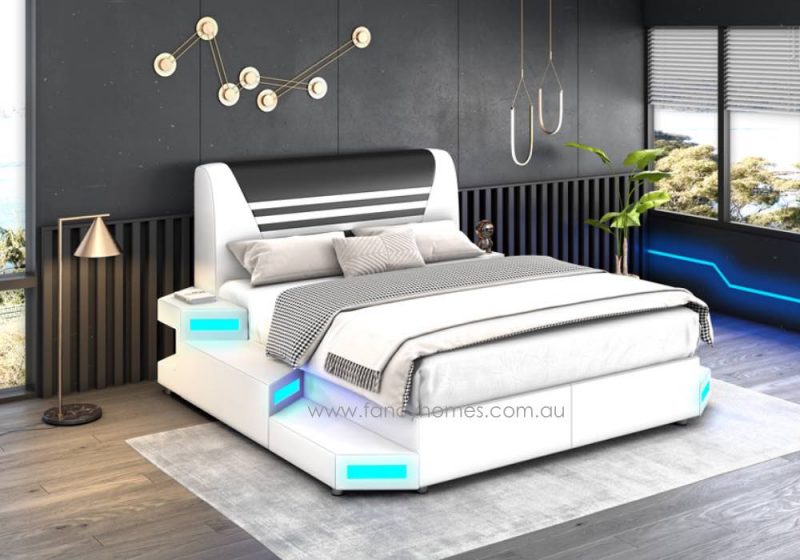 Fancy Homes Zephyr Unique Futuristic Design Star War Leather Beds with LED Light in White and and Black with Blue Lighting. Customisable in different Colours. Multi-functional Bed with a range of Add-on Function Options.