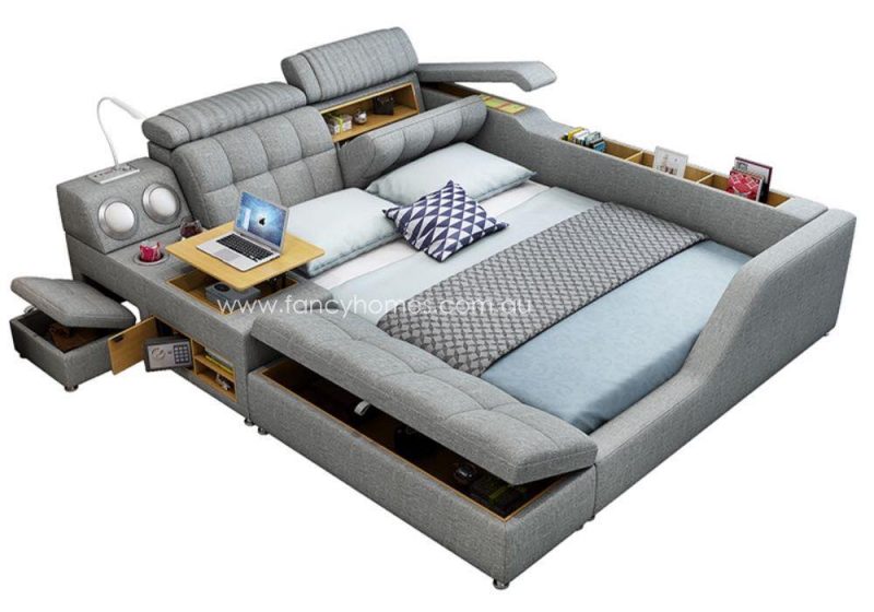 Fancy Homes Abby Multifunctional Fabric Bed Frame With Storage, Audio System and Digital Safe
