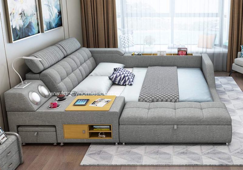 Fancy Homes Abby Multifunctional Fabric Bed Frame With Storage, Audio System and Digital Safe