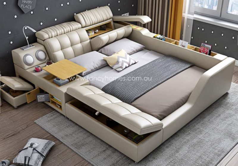 Fancy Homes Abby Multifunctional Leather Bed Frame Leather Beds Online with In-built Audio System and Storage