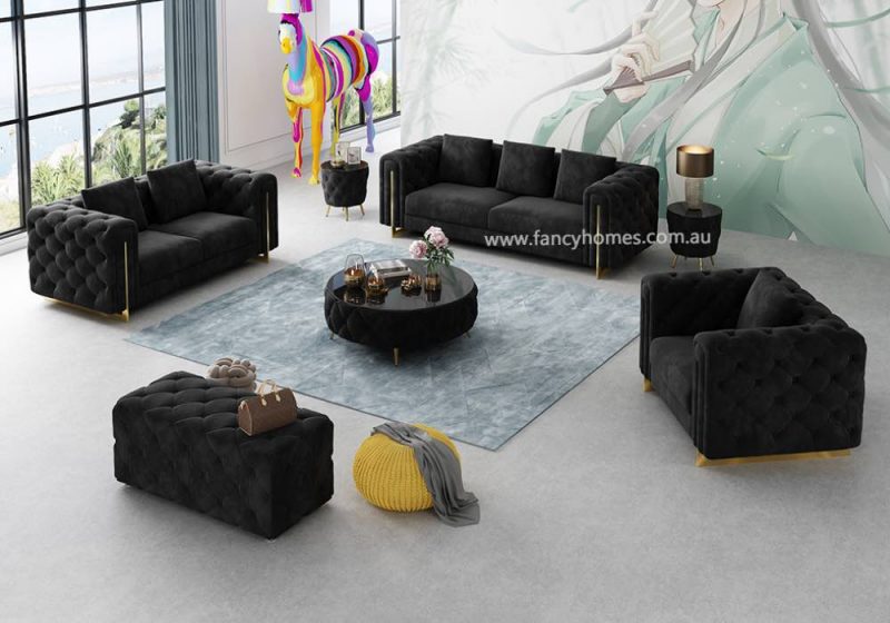 Fancy Homes Damien Lounges Suites Fabric Sofa Black Velvet Gold Legs Button Tufted Sofa Chesterfield Style