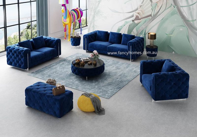 Fancy Homes Damien Lounges Suites Fabric Sofa Blue Velvet Silver Legs Button Tufted Sofa Chesterfield Style