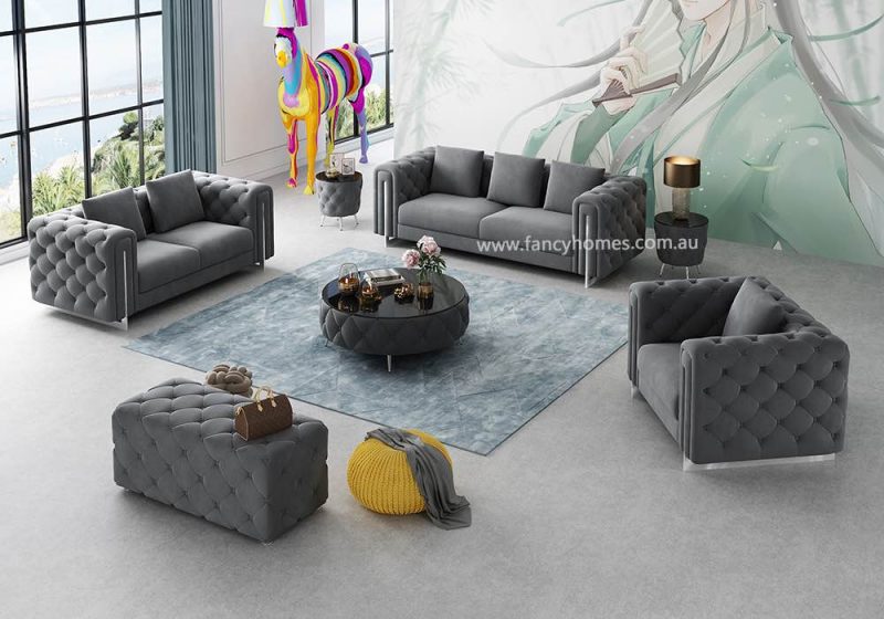 Fancy Homes Damien Lounges Suites Fabric Sofa Grey Velvet Silver Legs Button Tufted Sofa Chesterfield Style