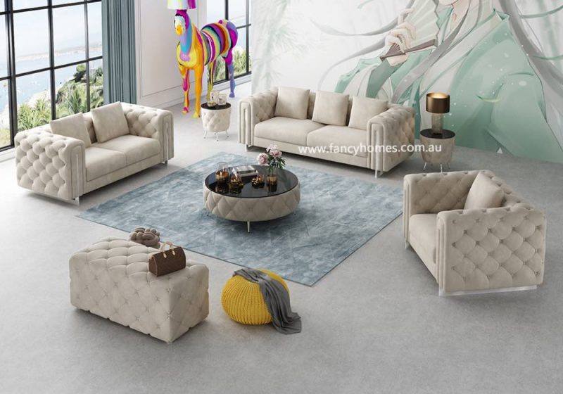 Fancy Homes Damien Lounges Suites Fabric Sofa Ivory Velvet Silver Legs Button Tufted Sofa Chesterfield Style