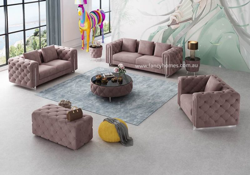 Fancy Homes Damien Lounges Suites Fabric Sofa Pink Velvet Silver Legs Button Tufted Sofa Chesterfield Style