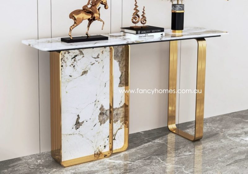 Fancy Homes Ivy Sintered Stone Console Table is Customisable in Size, Shape and Colour with Gold Base
