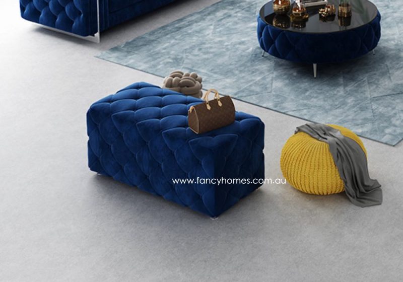 Fancy Homes KT-001 Rectangle Fabric Button Tufted Ottoman Blue Chesterfield