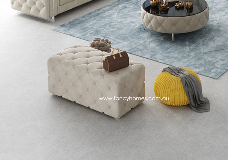 Fancy Homes KT-001 Rectangle Fabric Button Tufted Ottoman Ivory Chesterfield