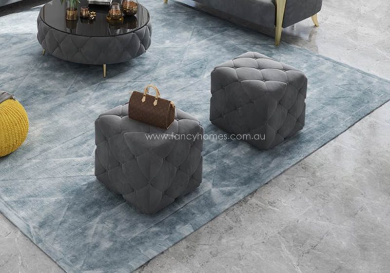 Fancy Homes KT-002 Square Fabric Button Tufted Ottoman Grey Velvet Chesterfield