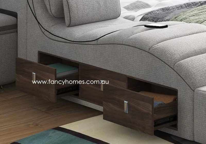 Fancy Homes Lucia Multifunctional Bed Frame Available in Leather and Fabric With Adjustable Headrests and In-built Dresser and Drawers Featuring Many In-built Storage Conpartments