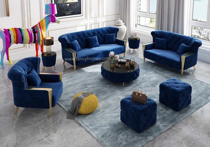 Fancy Homes Sonata Lounges Suites Fabric Sofa Blue Velvet Button Tufted Sofa Chesterfield Sofa