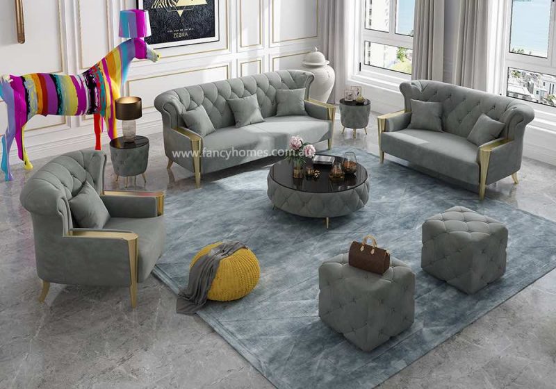 Fancy Homes Sonata Lounges Suites Fabric Sofa Light Grey Velvet Button Tufted Sofa Chesterfield Sofa
