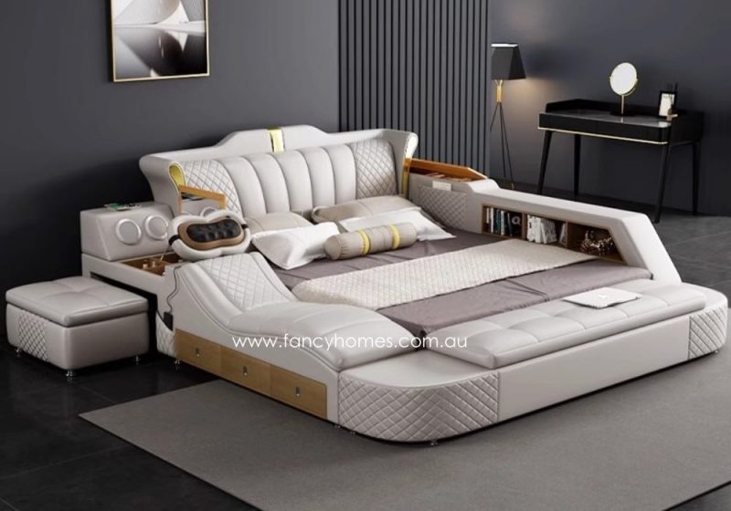 Fancy Homes Jacinda Multifunctional Leather Bed Frame Leather Beds Online with Massage Chaise and Dressing Table and Bluetooth Speaker and USB Charging Ports and USB Light in White Leather Colour