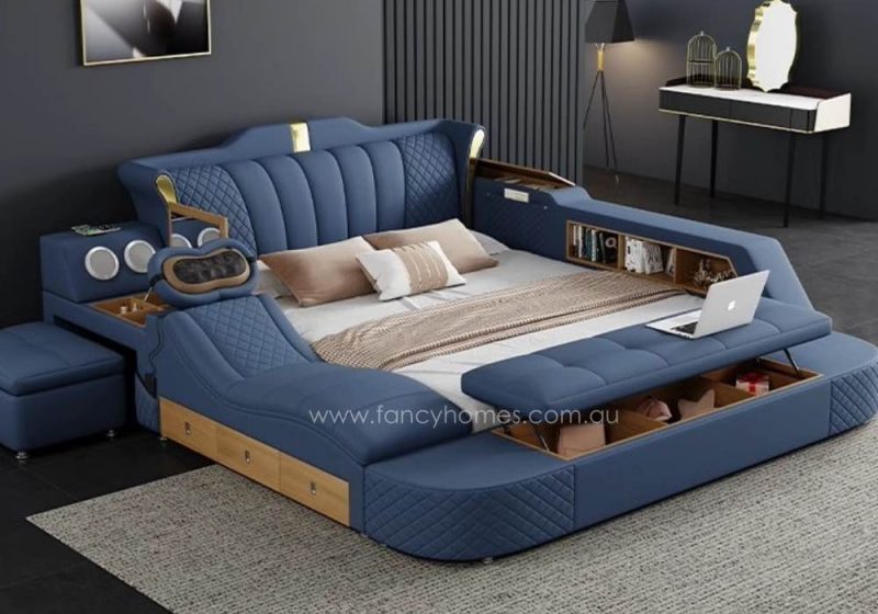 Fancy Homes Jacinda Multifunctional Leather Bed Frame Leather Beds Online with Massage Chaise and Dressing Table and Bluetooth Speaker and USB Charging Ports and USB Light in Blue Leather Colour