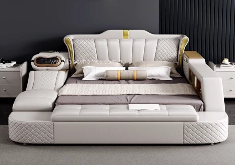 Fancy Homes Jacinda Multifunctional Leather Bed Frame Leather Beds Online with Massage Chaise and Dressing Table and Bluetooth Speaker and USB Charging Ports and USB Light in White Leather Colour Front