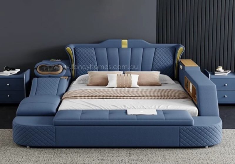 Fancy Homes Jacinda Multifunctional Leather Bed Frame Leather Beds Online with Massage Chaise and Dressing Table and Bluetooth Speaker and USB Charging Ports and USB Light in Blue Leather Colour Front