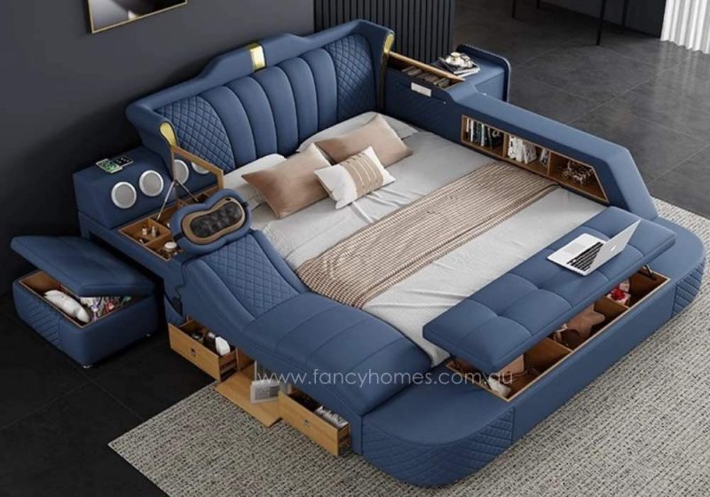 Fancy Homes Jacinda Multifunctional Leather Bed Frame Leather Beds Online with Massage Chaise and Dressing Table and Bluetooth Speaker and USB Charging Ports and USB Light in Blue Leather Colour Top