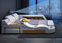 Fancy Homes Odetta Multifunctional Leather Bed Frame Leather Beds Online with In-built projector, bluetooth speaker, USB charger, Digital safe, Massage chaise and Neck massager