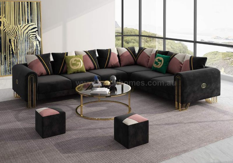 Fancy Homes Adeline Corner Fabric Sofa Gold Legs Black