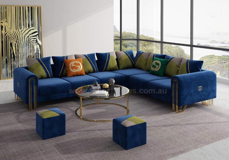 Fancy Homes Adeline Corner Fabric Sofa Gold Legs Blue