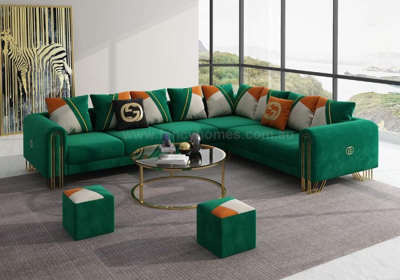 Fancy Homes Adeline Corner Fabric Sofa Gold Legs Green