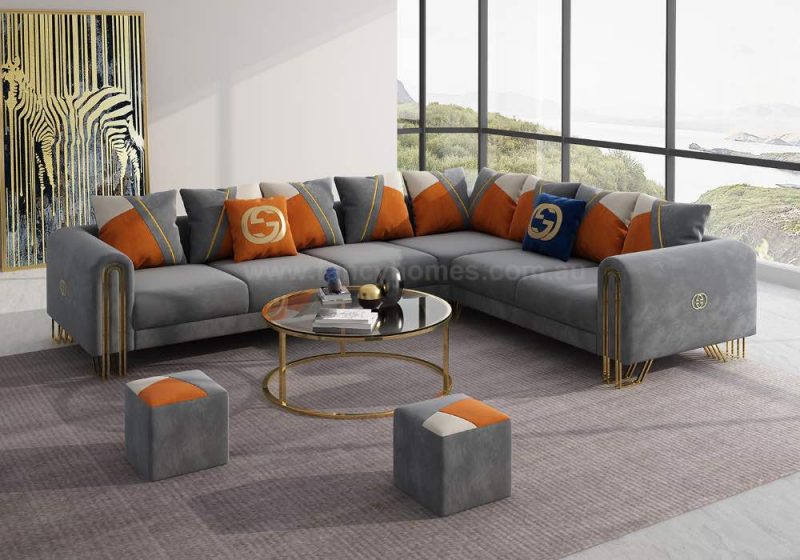 Fancy Homes Adeline Corner Fabric Sofa Gold Legs Grey