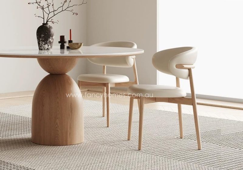 Fancy Homes Luna White Armless Wood Dining Chair in Natural Wood Colour Finish With Matching Noelle Sintered Stone Top Dining Table