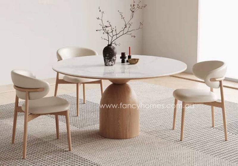 Fancy Homes Noelle Round Sintered Stone Dining Table With Wood Base In Natural Colour Finish. Customisable in Sizes and Colours