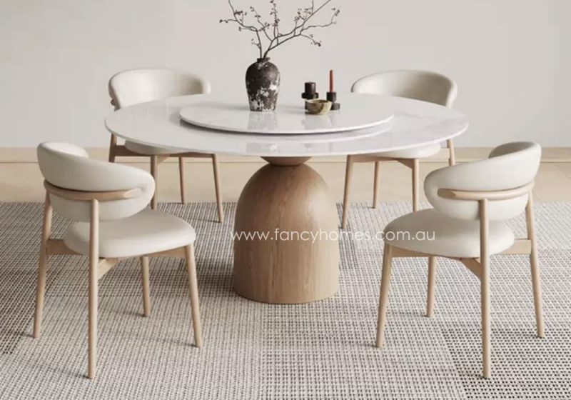 Fancy Homes Noelle Round Sintered Stone Dining Table With Lazy Susan with Wood Base in Natural Finish with Four Matching Design Luna Wood Dining Chairs. Customisable in Sizes and Colours