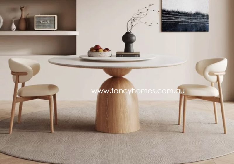 Fancy Homes Noelle Round Sintered Stone Dining Table with Lazy Susan with Wood Base in Natural Finish. Customisable in Sizes and Colours