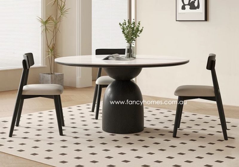 Fancy Homes Noelle Round Sintered Stone Dining Table with Wood Base in Black Finish. Customisable in Sizes and Colours