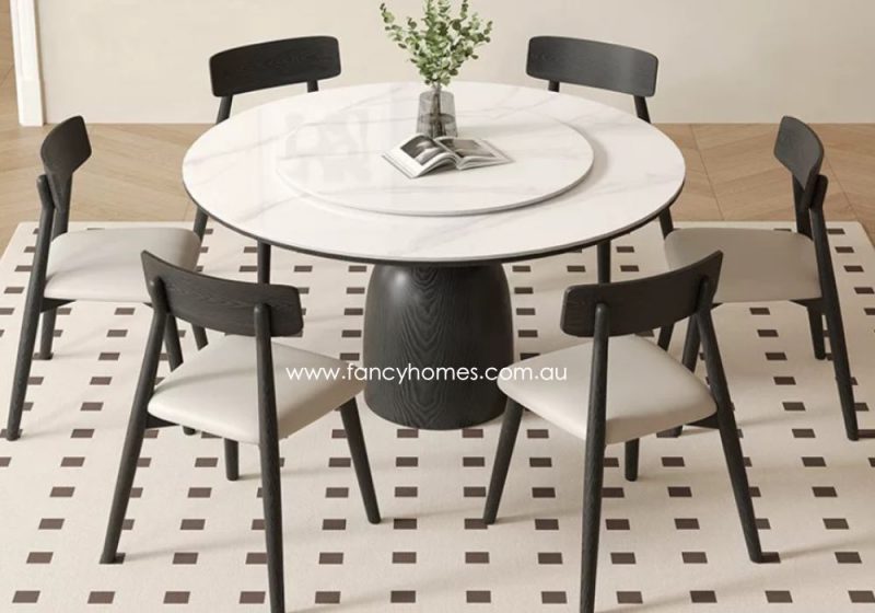 Fancy Homes Noelle Round Sintered Stone Dining Table with Wood Base in Black Finish With Lazy Susan and Customisable in Sizes and Colours