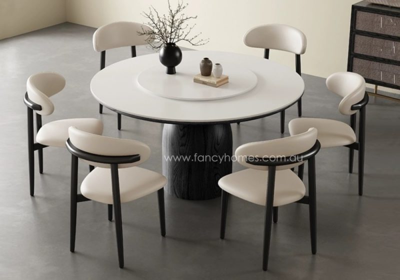 Fancy Homes Noelle Round Sintered Stone Dining Table With Wood Base in Black Colour Finish and Six Matching Luna Armless Wood Dining Chairs in Black Finish