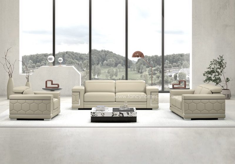 Fancy Homes Monaco Contemporary Lounges Suites Leather Sofa in Beige Colour Featuring Unique Beehive Stitching Details on the sides of the Sofa Arms Showcasing the Premium Craftsmanship. This Lounge Suite is Fully Customisable and are Versatile in Both Formal and Informal Room Settings