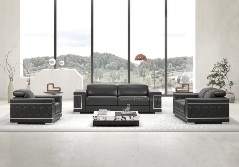 Fancy Homes Monaco Contemporary Lounges Suites Leather Sofa in Black Colour Featuring Unique Beehive Stitching Details on the sides of the Sofa Arms Showcasing the Premium Craftsmanship. This Lounge Suite is Fully Customisable and are Versatile in Both Formal and Informal Room Settings