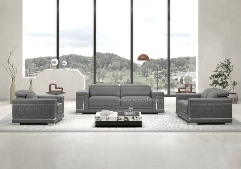 Fancy Homes Monaco Contemporary Lounges Suites Leather Sofa in Dark Grey Colour Featuring Unique Beehive Stitching Details on the sides of the Sofa Arms Showcasing the Premium Craftsmanship. This Lounge Suite is Fully Customisable and are Versatile in Both Formal and Informal Room Settings