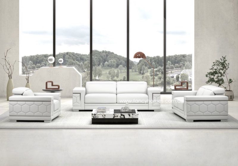 Fancy Homes Monaco Contemporary Lounges Suites Leather Sofa in Pure White Colour Featuring Unique Beehive Stitching Details on the sides of the Sofa Arms Showcasing the Premium Craftsmanship. This Lounge Suite is Fully Customisable and are Versatile in Both Formal and Informal Room Settings