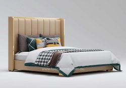 Fancy Homes Ambrose Contemporary Leather Bed Frame Leather Beds Online Beige Colour with Gold Trims on Bed Head. Available in Queen and King Size